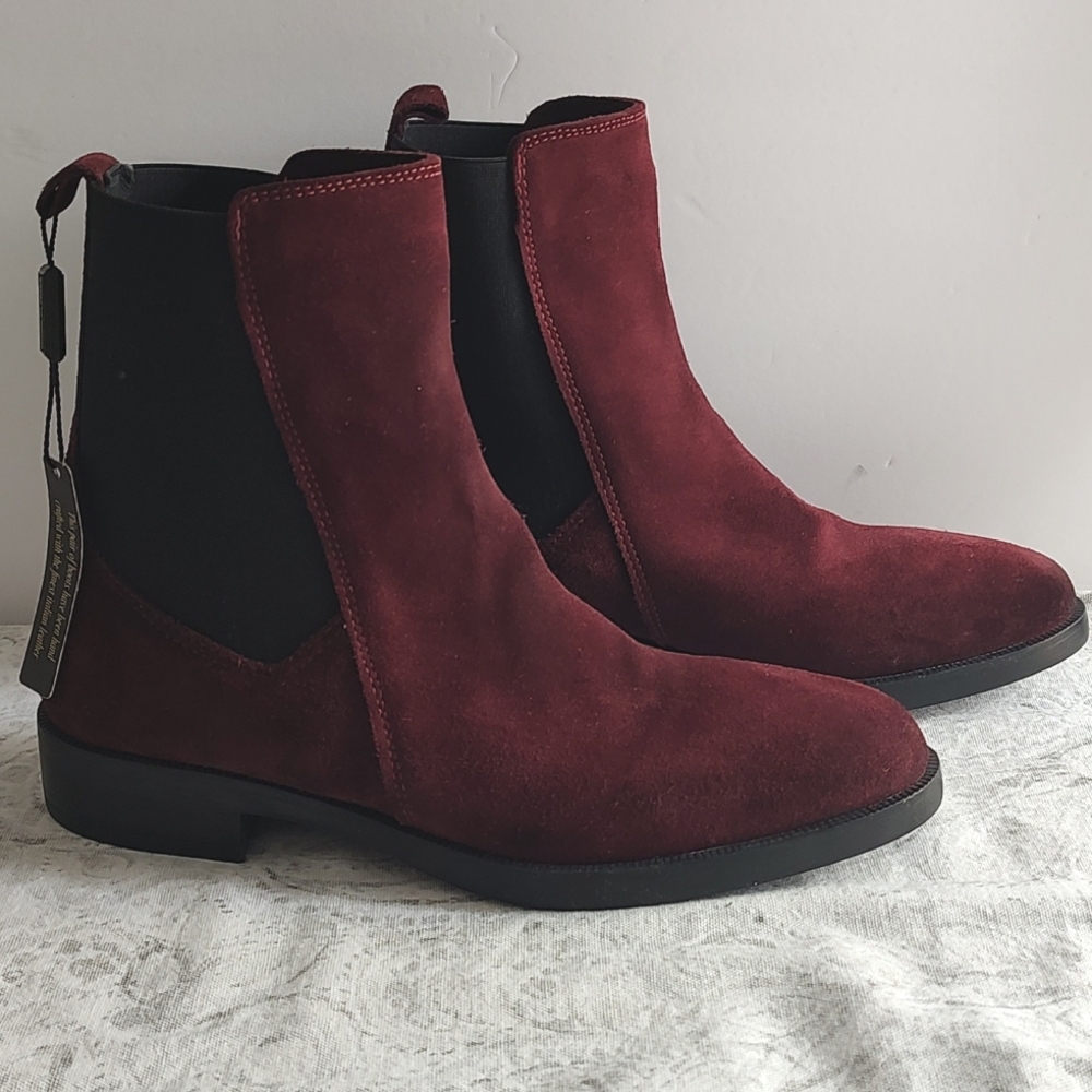 Emanuele Crasto Burgundy Mid Calf Suede Boots Cherry Red Motoboho